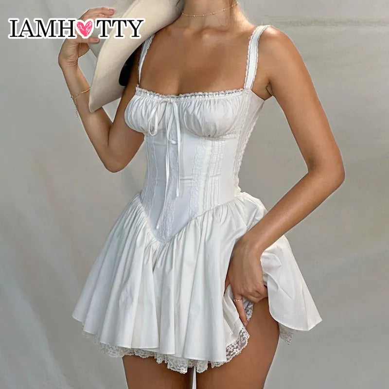 IAMHOTTY High-quality Lace Panel A-line Sleeveless Mini Corset Dresses Elegant