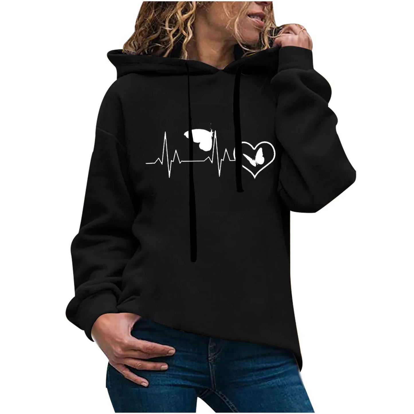 Hoodie Women’s Casual Heart Printed Long-sleeved Hooded Sweatshirt