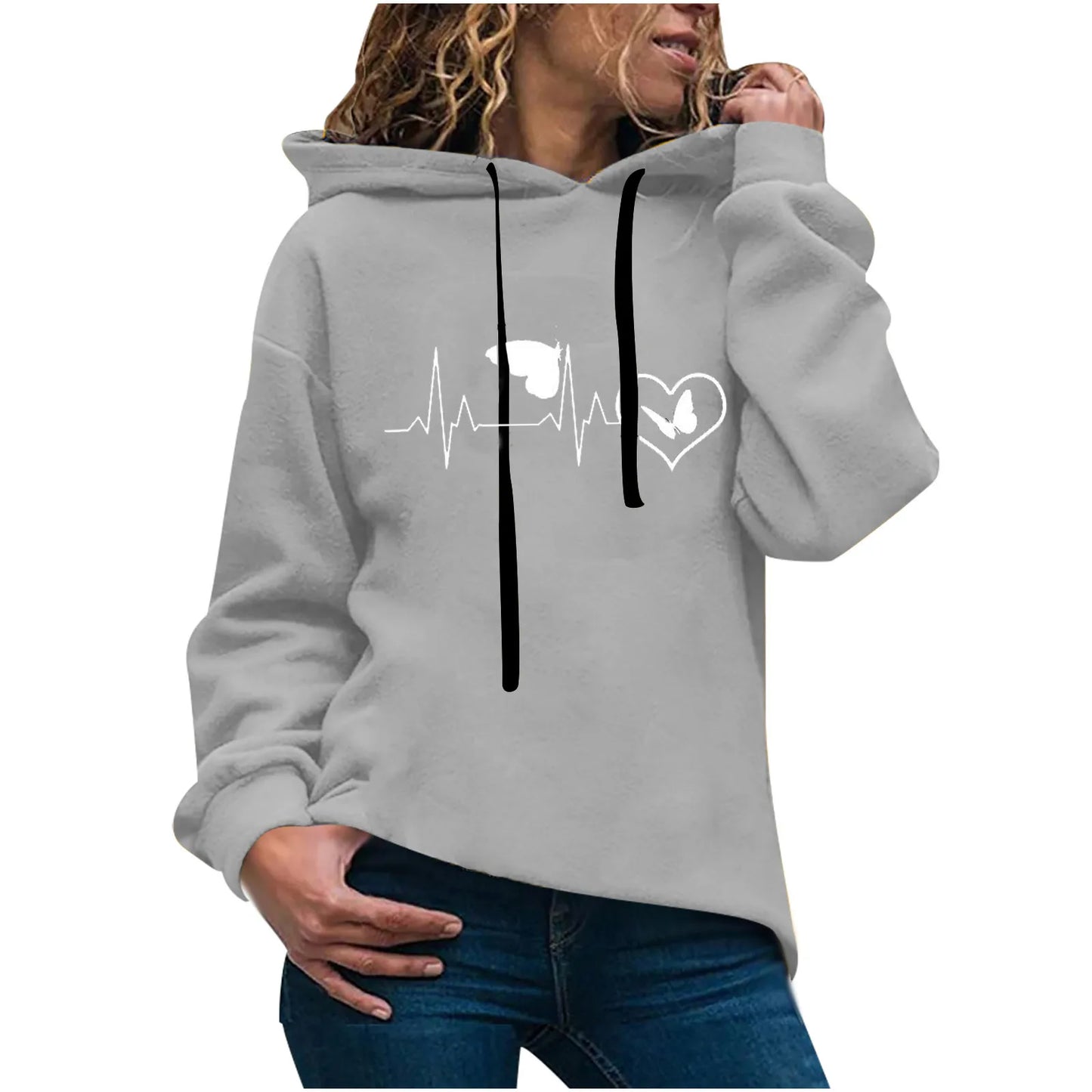 Hoodie Women’s Casual Heart Printed Long-sleeved Hooded Sweatshirt