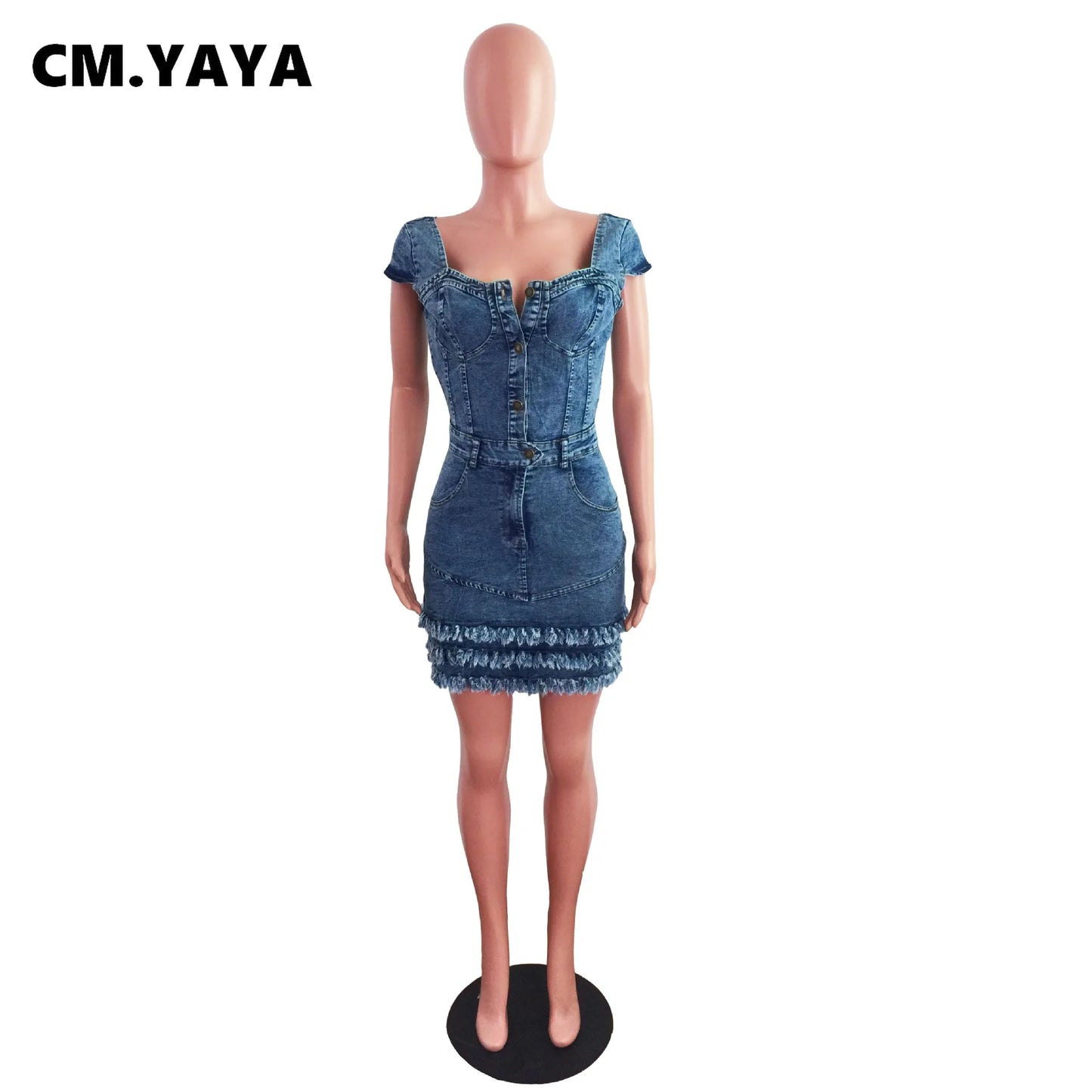 Denim Tassel Short Sleeve Square Collar Single Breasted Pockets A-line Mini Dresses