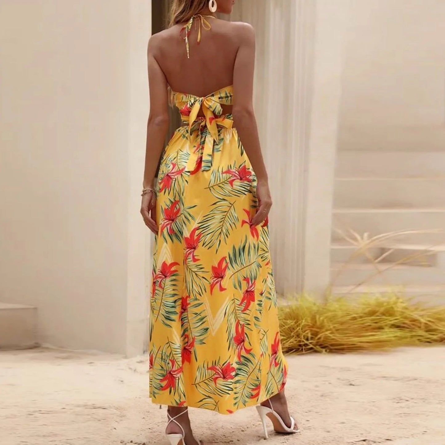 Trend Floral Maxi Dress Sleeveless V-neck High Waist Slit