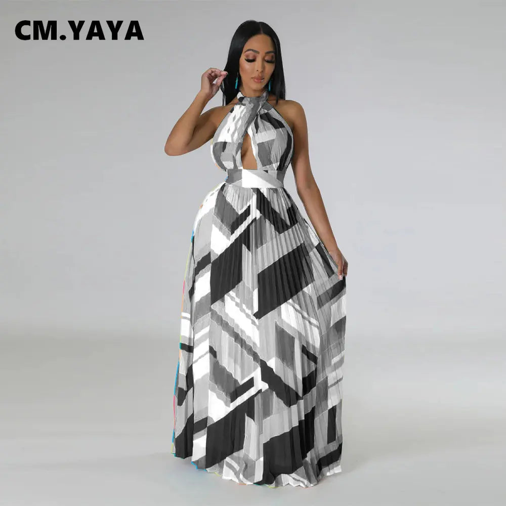 Geometrical Striped Halter Neck Backless Pleated Big Swing Maxi Long Dress