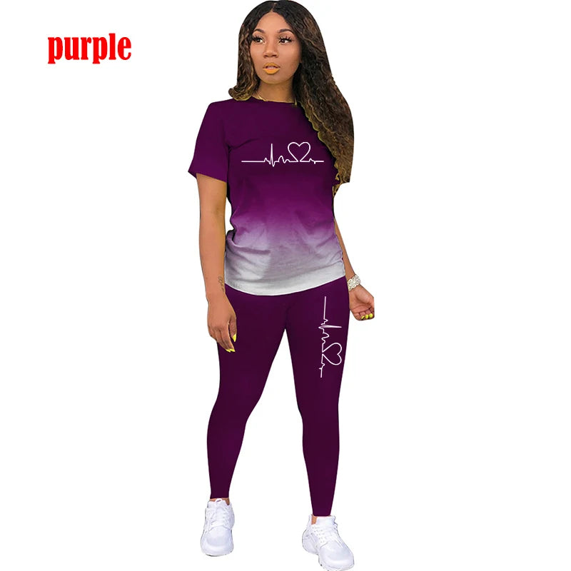 Two Piece Tracksuits Sets ECG Printed T Shirt Pants Sports Suit