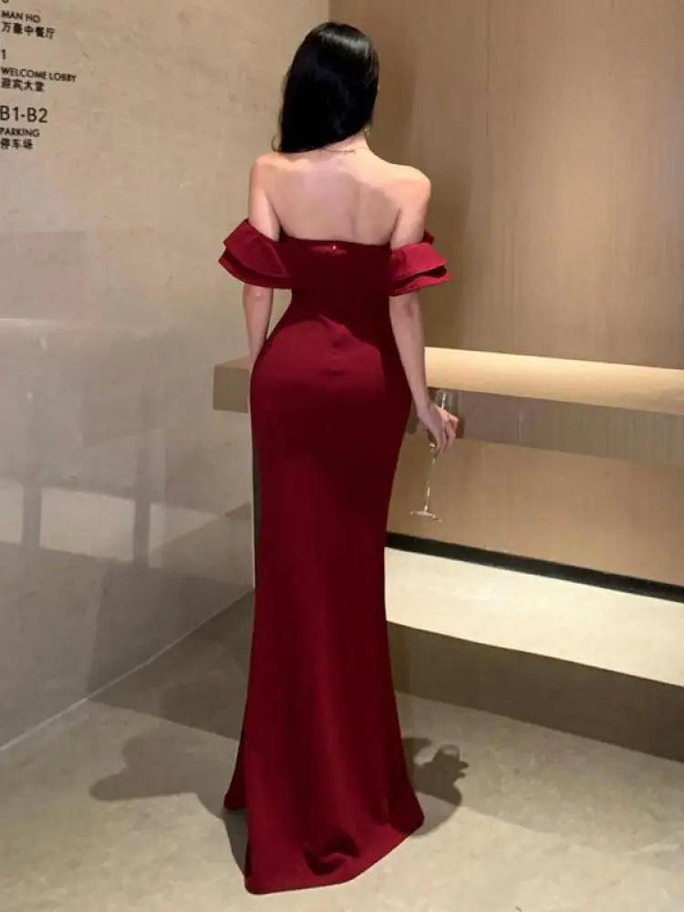 High Split Ruffles Elegant Luxury Off Shoulder Evening Dresses