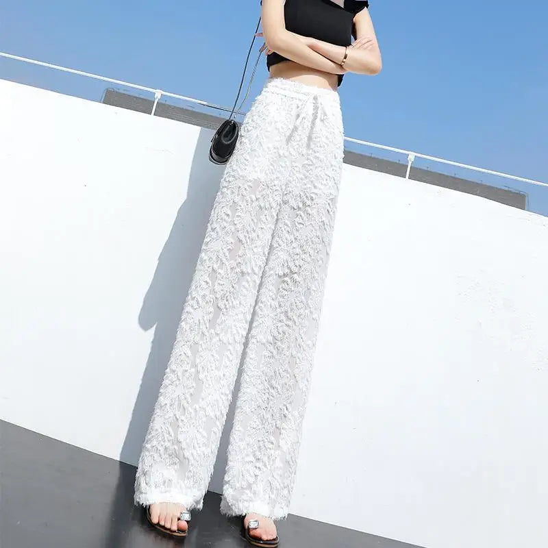 Fashion Elastic Waist Loose Solid Straight Wide Leg Pants