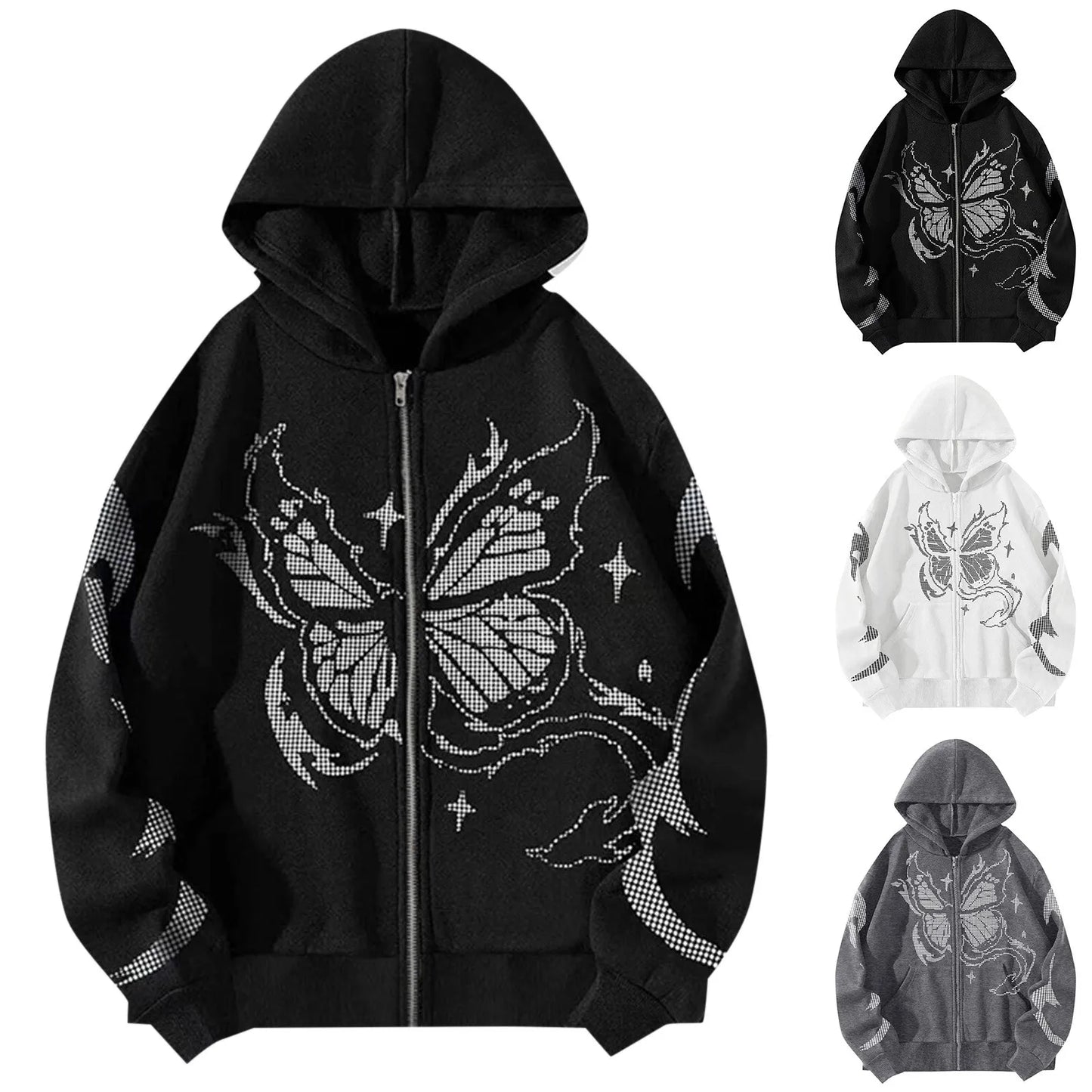 Zip Up Oversize Hooded Butterfly Print Sweatshirts Stitch Loose