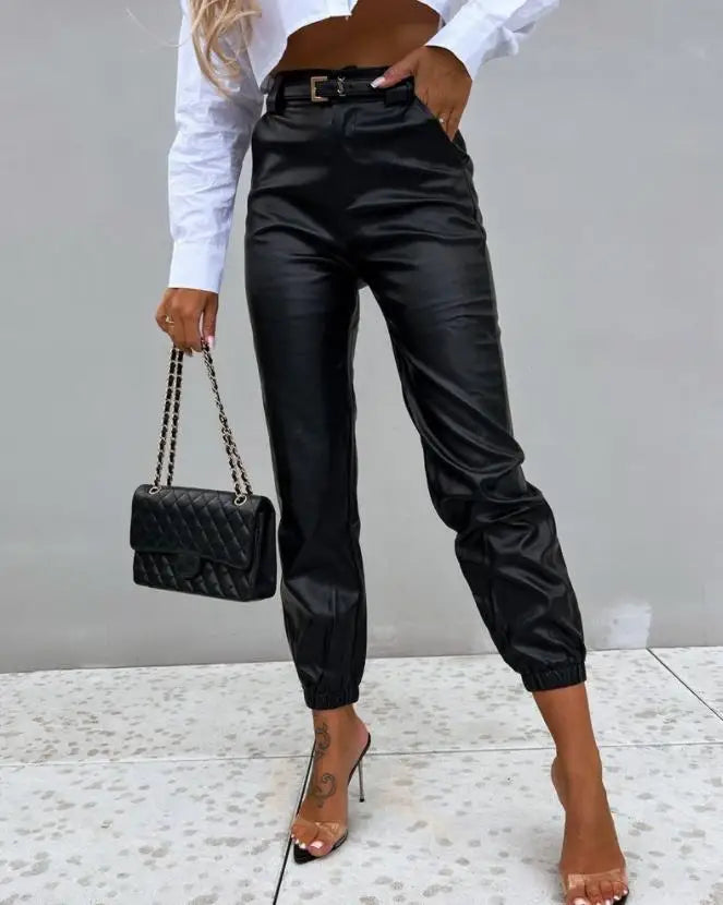 Pu Leather High Waist Cuffed Long Pants Casual