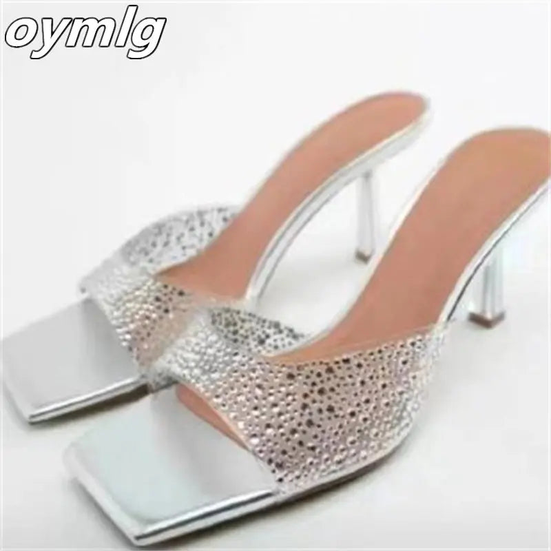 high-heeled shoes with thin heels, PVC flat belt sandals, square head