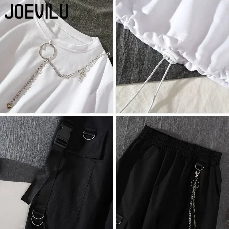 Removable Sleeve with Chain Casual Waistband Cargo Pants 2 Piece Sets