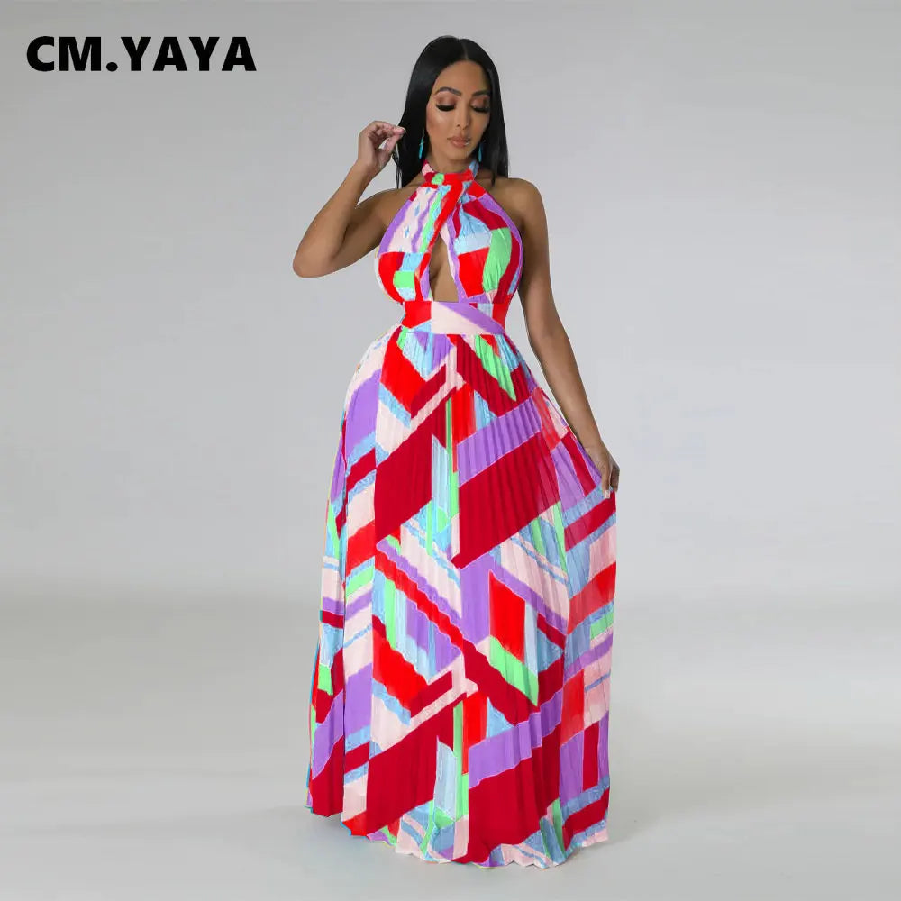 Geometrical Striped Halter Neck Backless Pleated Big Swing Maxi Long Dress