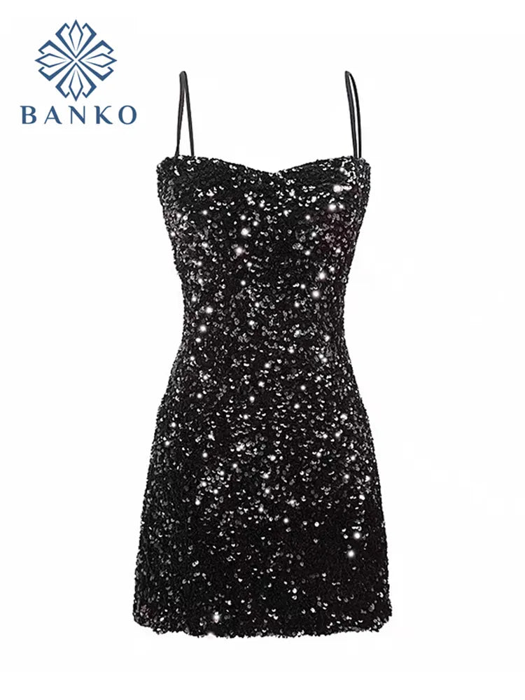 Aesthetic Sexy Halter Sequins Black Dress Loose Sleeveless