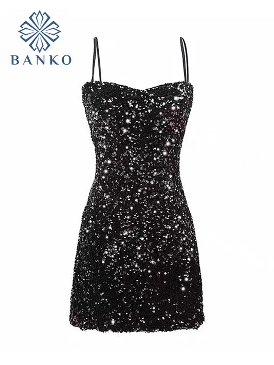 Aesthetic Sexy Halter Sequins Black Dress Loose Sleeveless