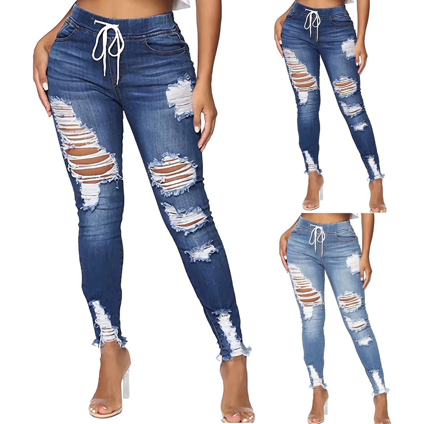 Drawstring Ripped Jeans Fashion Tight High Stretch