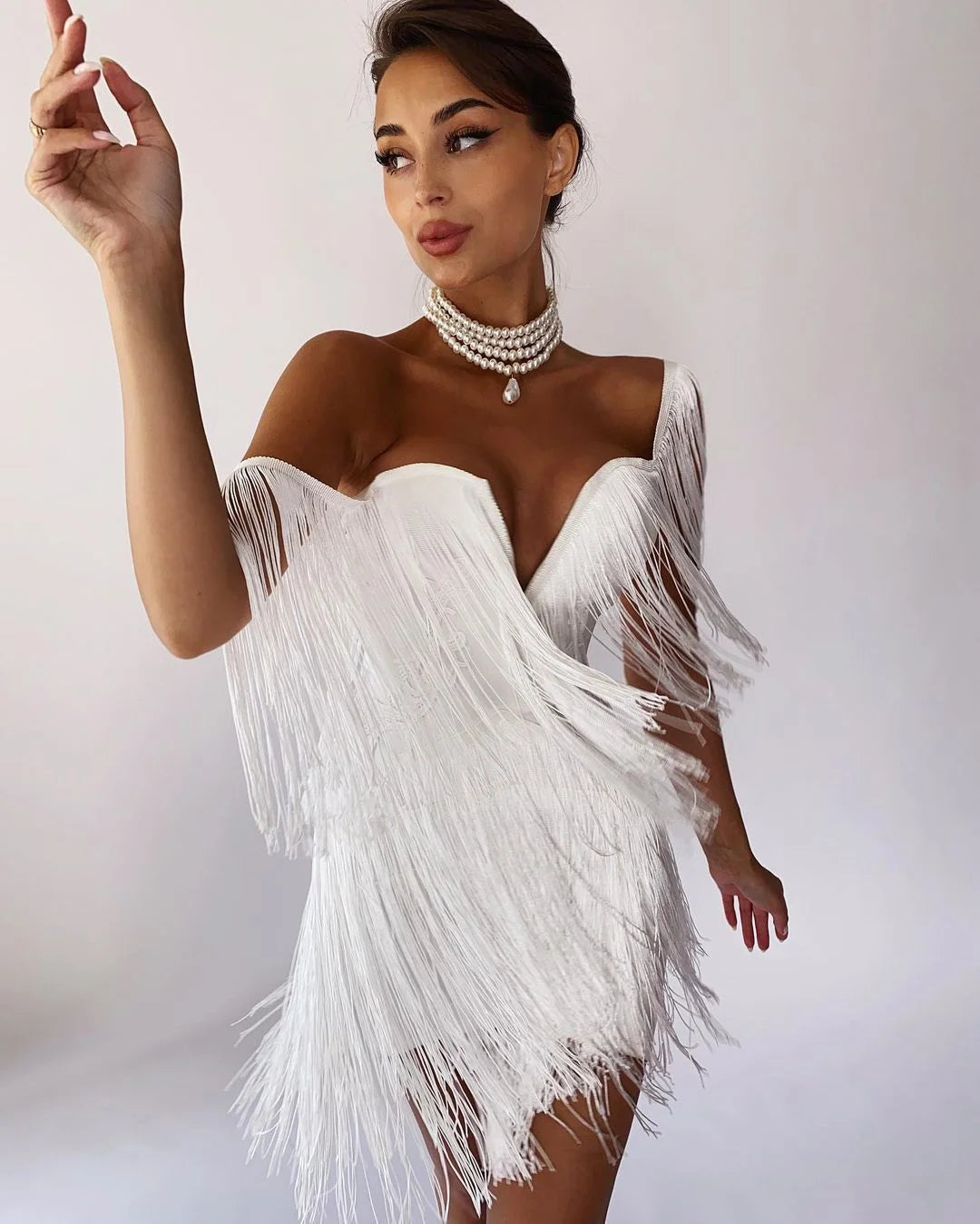 Tassel Bandage Sexy V Neck Off Shoulder Bodycon Mini Dresses