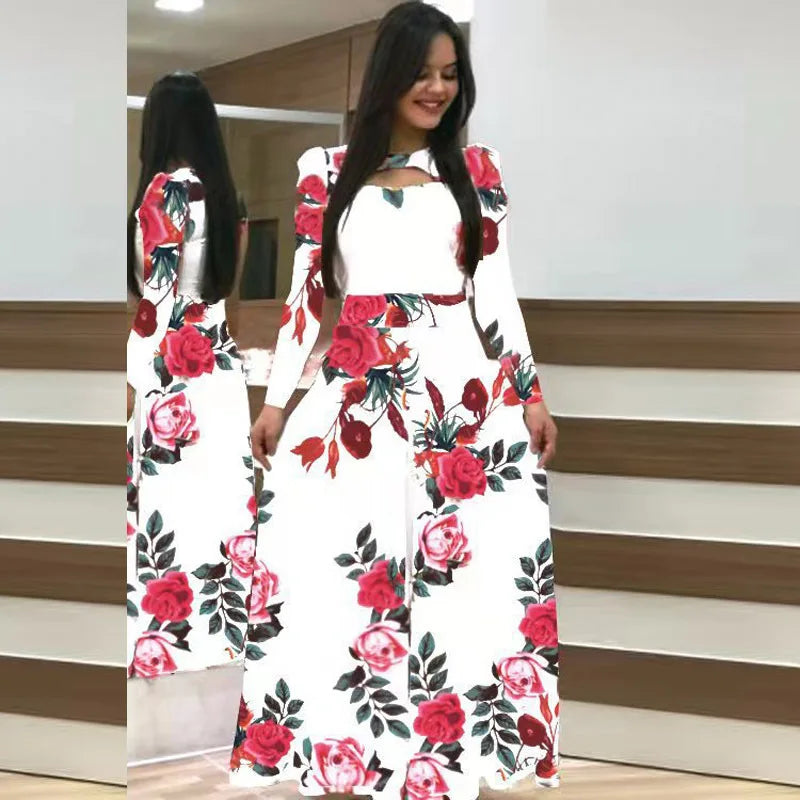 Elegant Spring Autumn Women's Dress Casual Fashion Floral Print Super Long