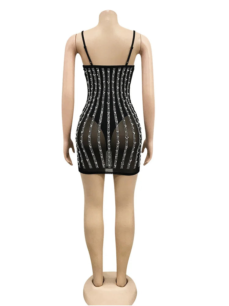 Beyprern Beautiful See-Through Pearls Crystal Bodysuit Dresses Glam Sequins