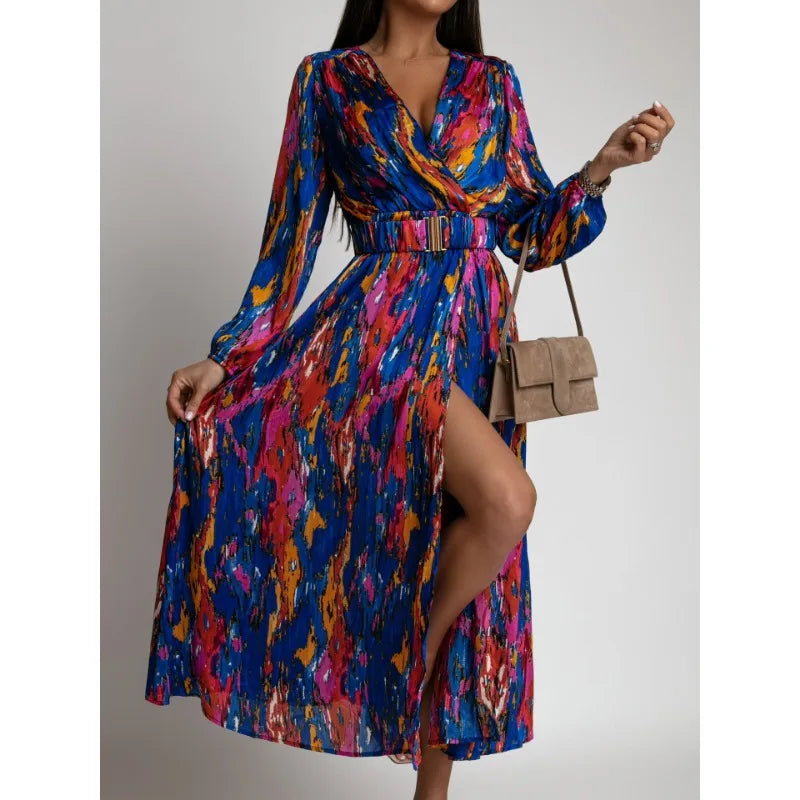 Trend V-neck Split Dress  Long Sleeve High Waist Big Swing Maxi Dresses Floral Printed Slim Fits