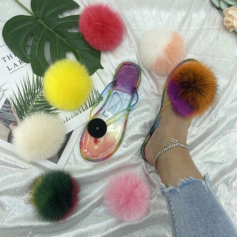 Fur Flip Flops Slippers Pom Pom Transparent Crystal Flats