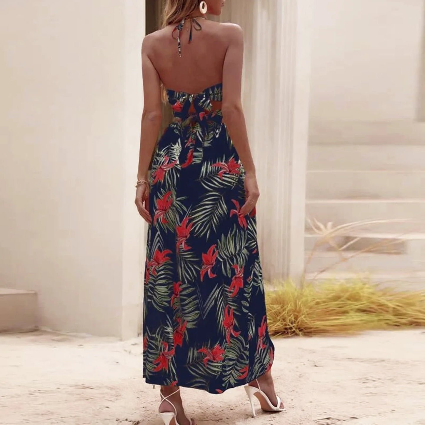 Trend Floral Maxi Dress Sleeveless V-neck High Waist Slit