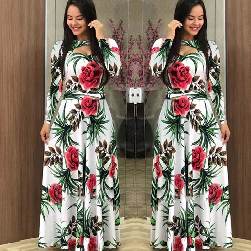 Elegant Spring Autumn Women's Dress Casual Fashion Floral Print Super Long