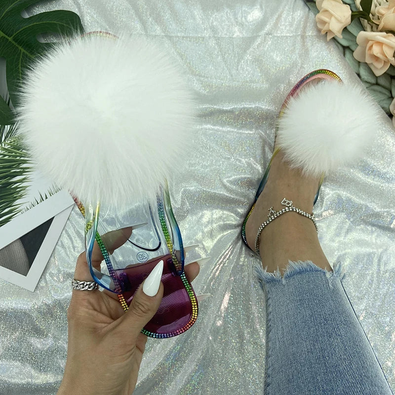 Fur Flip Flops Slippers Pom Pom Transparent Crystal Flats