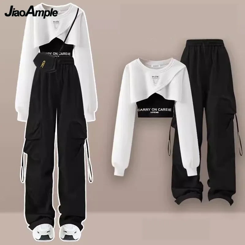 Tracksuit Short Sweater+Strap+Cargo Pants Three Piece Elegant Matching Set