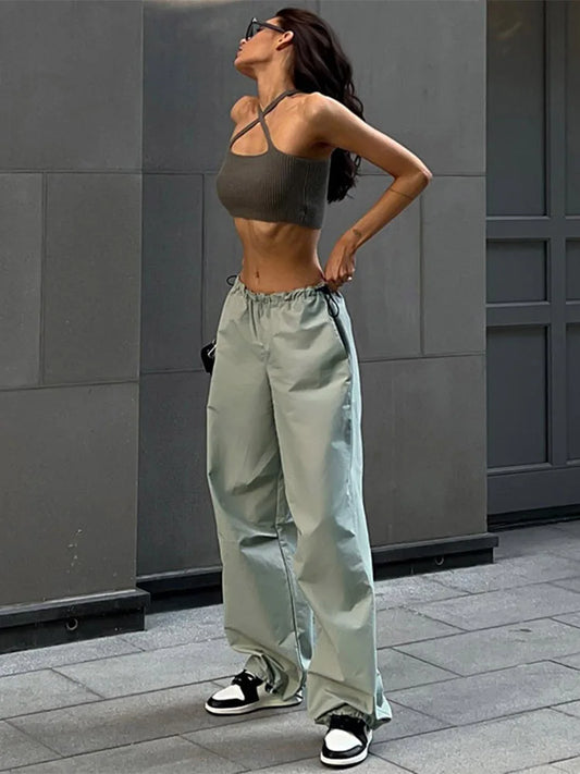 Loose Drawstring Low Waist Cargo Joggers Casual Baggy Wide Leg