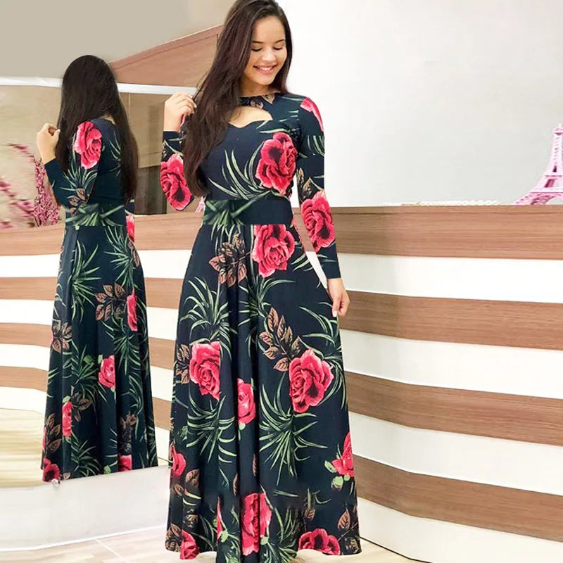 Elegant Spring Autumn Women's Dress Casual Fashion Floral Print Super Long