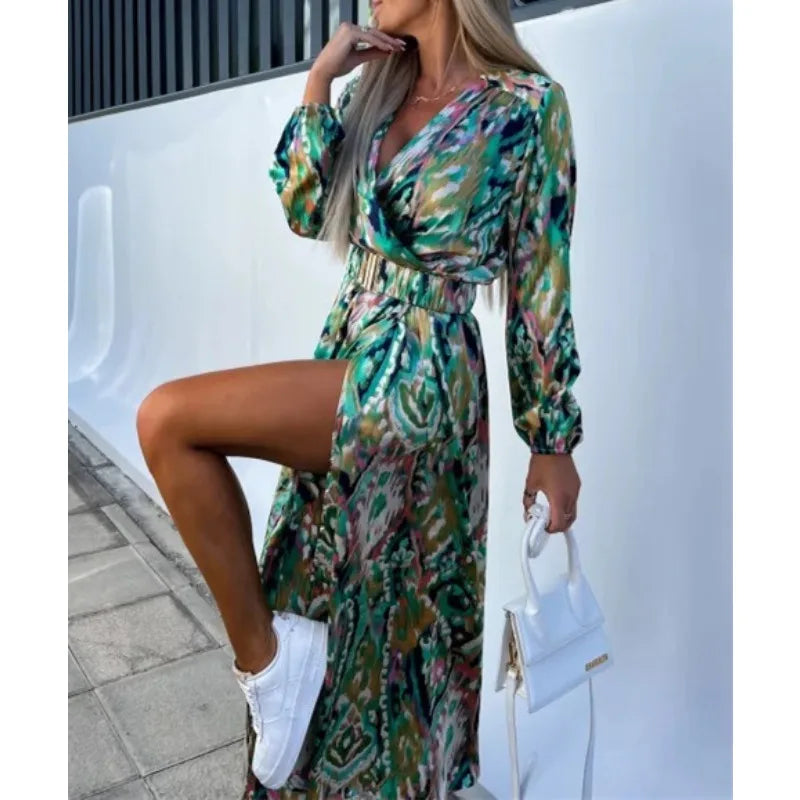 Trend V-neck Split Dress  Long Sleeve High Waist Big Swing Maxi Dresses Floral Printed Slim Fits