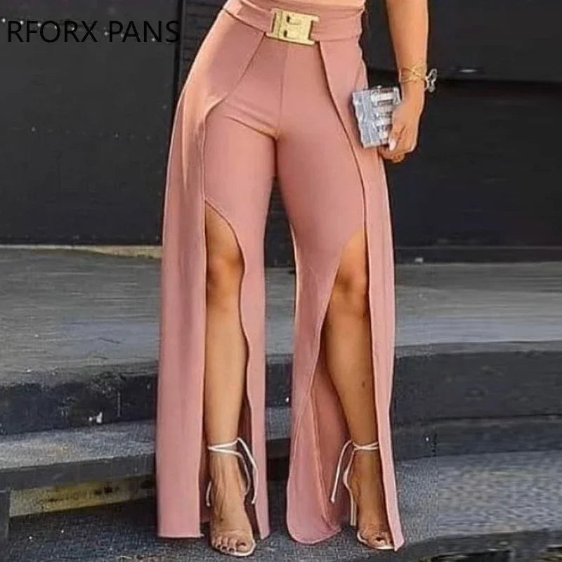 Solid Long Slit Pants With Belt Sexy Casual Pants Fashion Pants