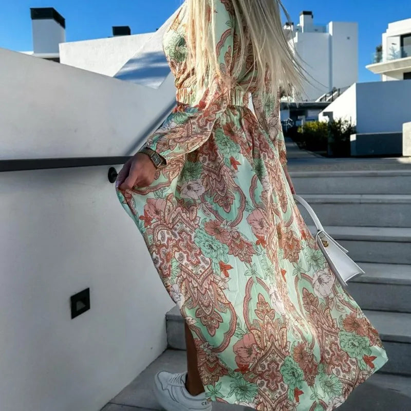 Trend V-neck Split Dress  Long Sleeve High Waist Big Swing Maxi Dresses Floral Printed Slim Fits