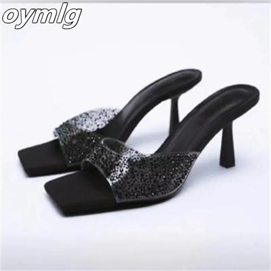 high-heeled shoes with thin heels, PVC flat belt sandals, square head