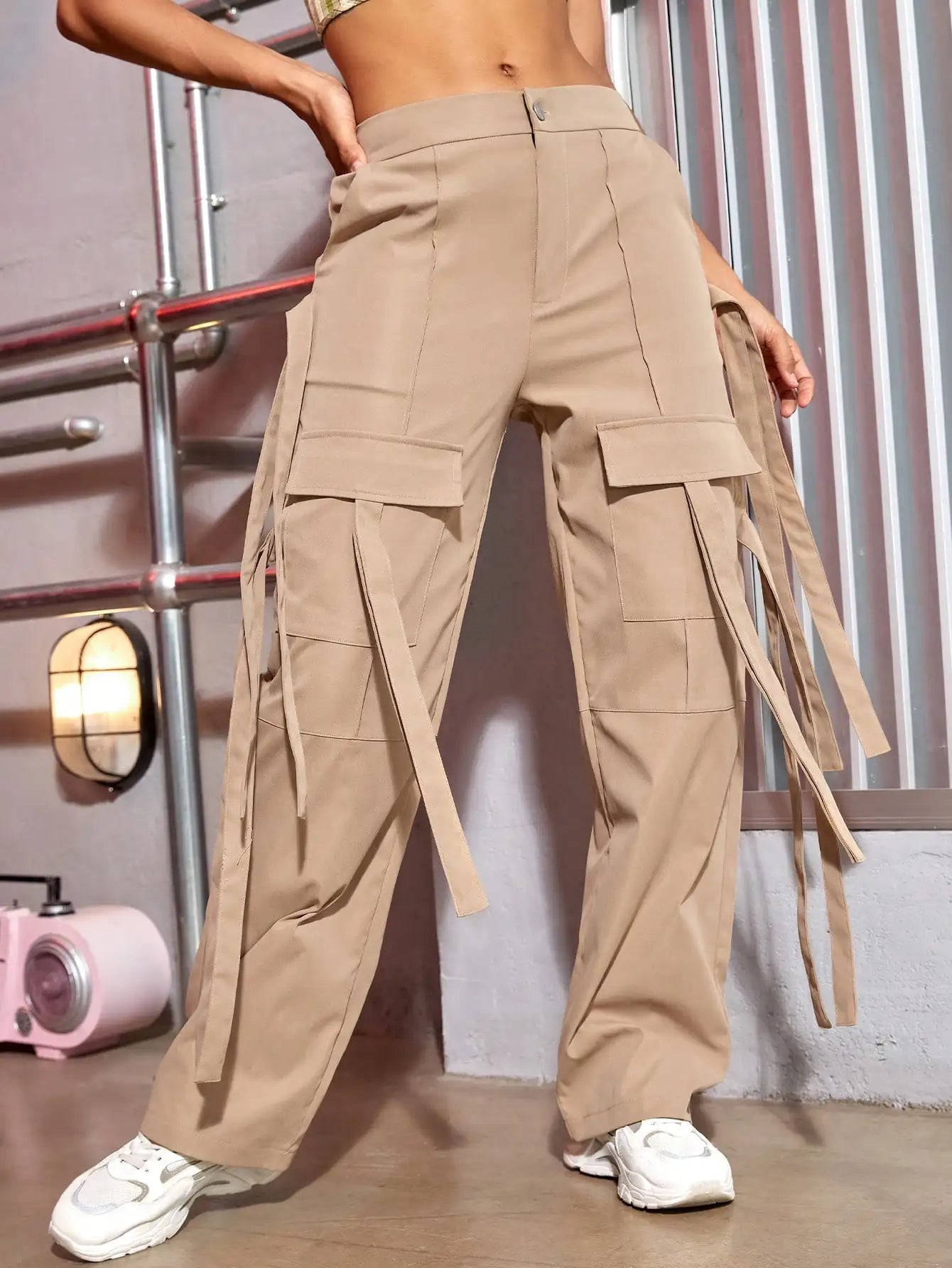 Trendy Cargo Flap Pocket Ribbon Baggy Wide Leg Parachute Pants