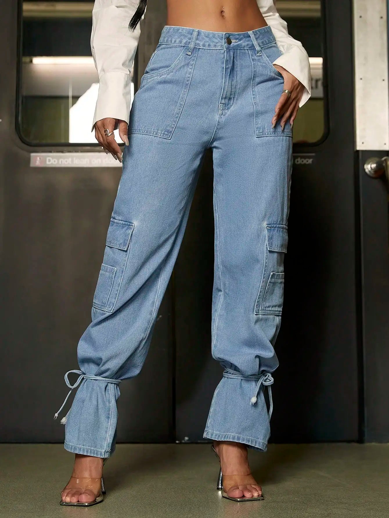 Cargo Jeans Flap Pockets Side Knot Hem Baggy Straight Leg Denim Trousers