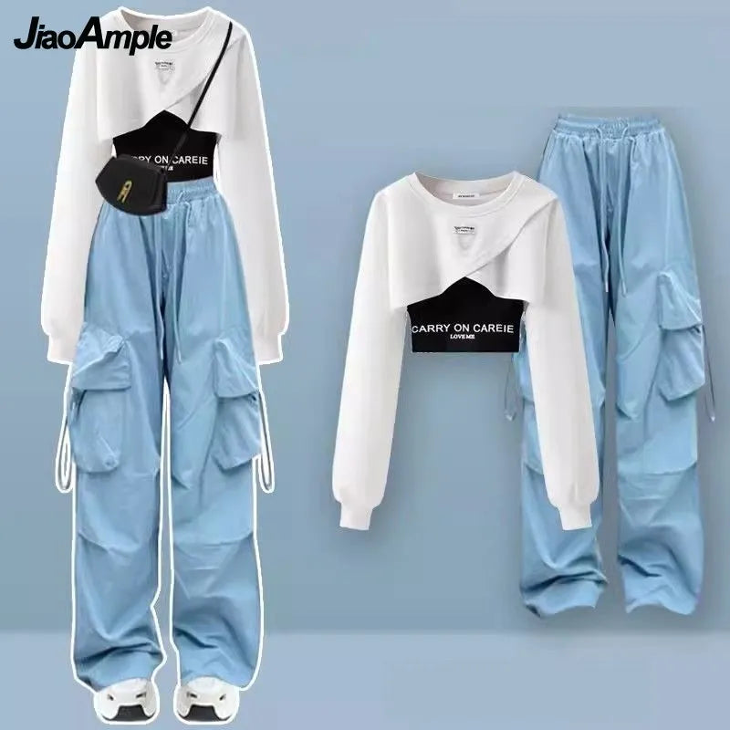 Tracksuit Short Sweater+Strap+Cargo Pants Three Piece Elegant Matching Set