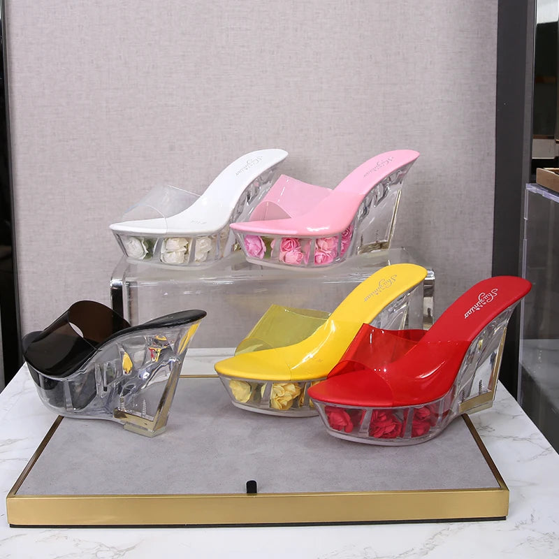 Sexy Jelly High Heels Crystal 10 CM Wedge Sandals Flowers