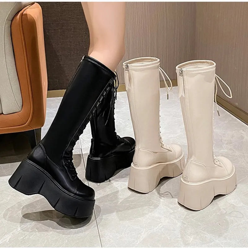 Mid Calf Boots Lace-up Zipper Platform Heels Shoes