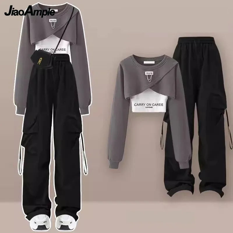 Tracksuit Short Sweater+Strap+Cargo Pants Three Piece Elegant Matching Set