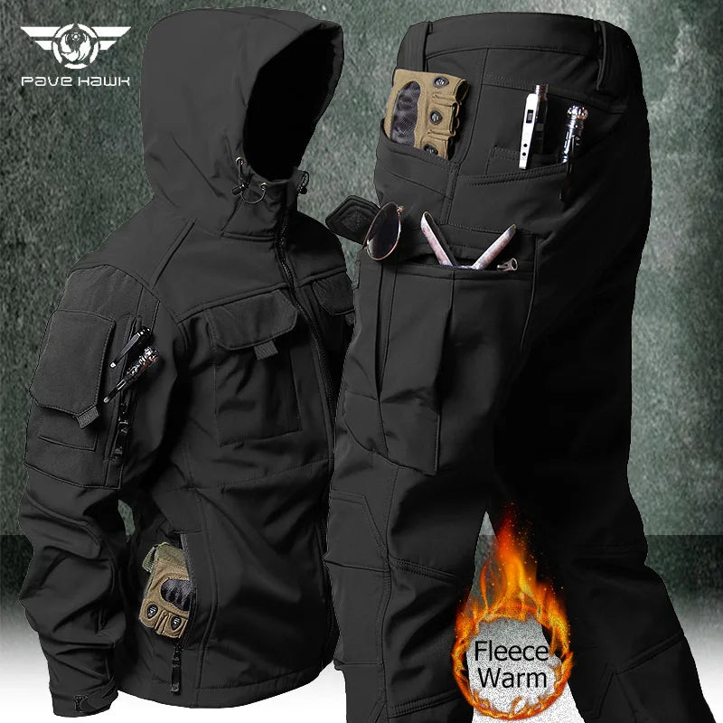 Tactical Set Multi-pocket Hooded Jacket+Windproof  Waterproof Fleece Sharkskin Suit