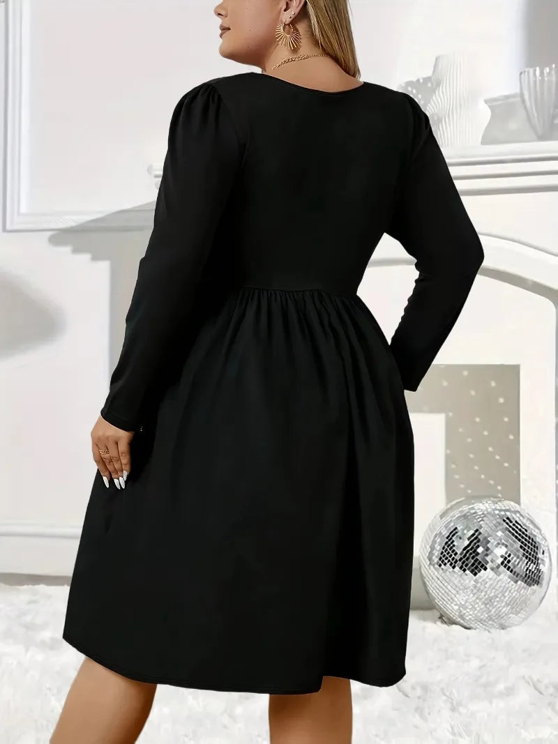 Plus Size Long Sleeved Casual V Neckline Notched Dress