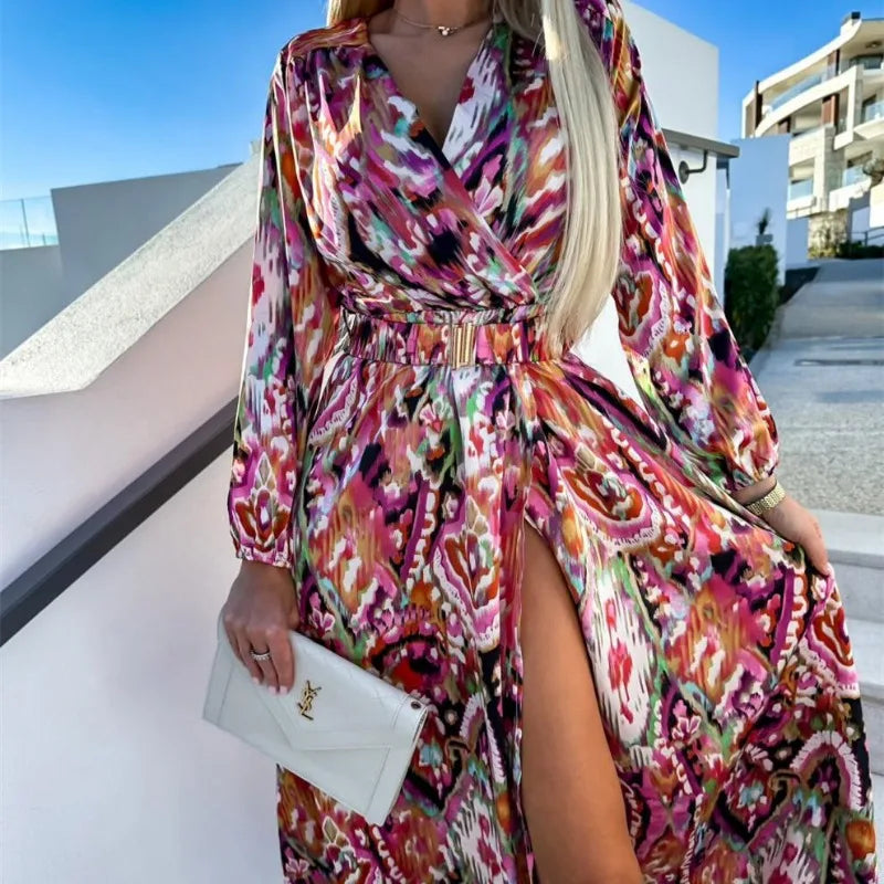 Trend V-neck Split Dress  Long Sleeve High Waist Big Swing Maxi Dresses Floral Printed Slim Fits