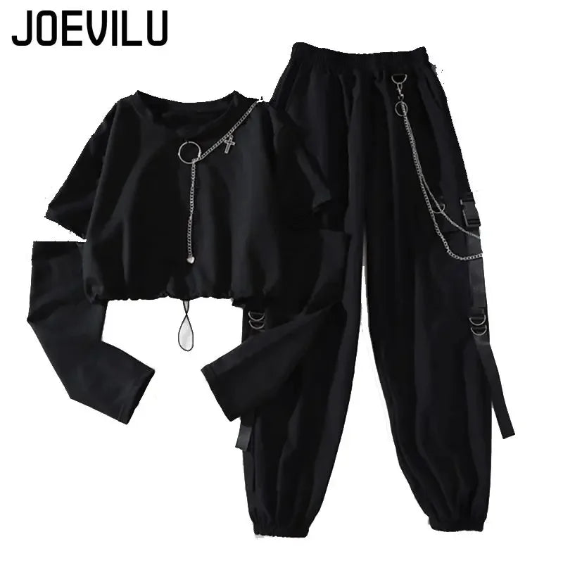 Removable Sleeve with Chain Casual Waistband Cargo Pants 2 Piece Sets