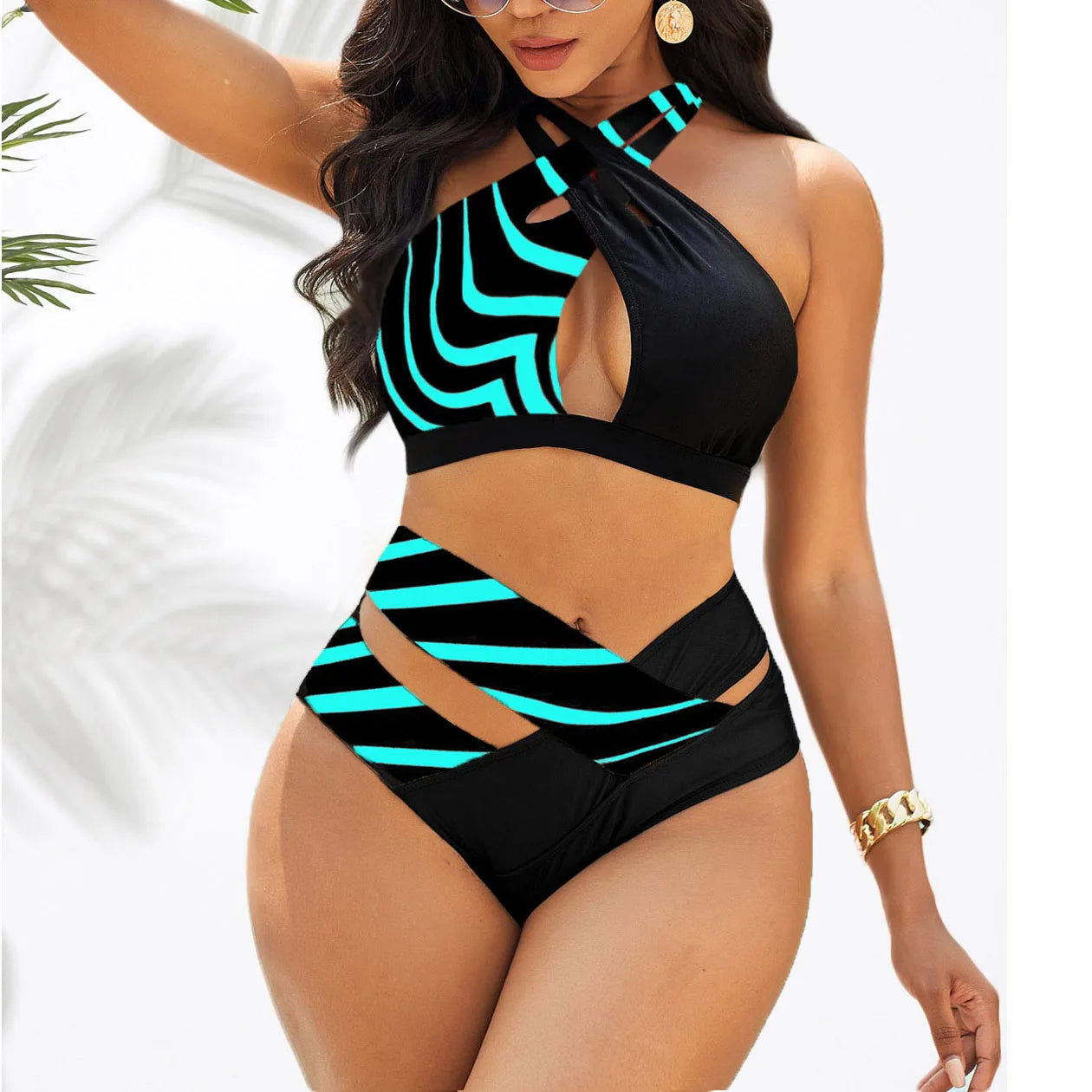 Halter Swimwear Two Pieces Bathing Suit Leopard Striped Butterfly Printed Tankini Top Boyshorts