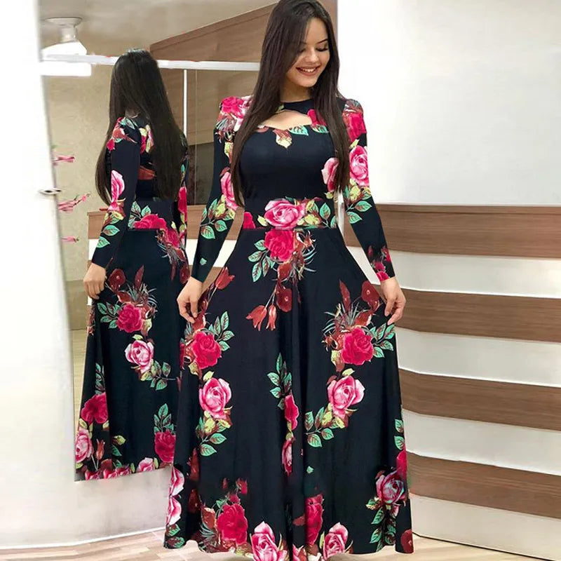 Elegant Spring Autumn Women's Dress Casual Fashion Floral Print Super Long