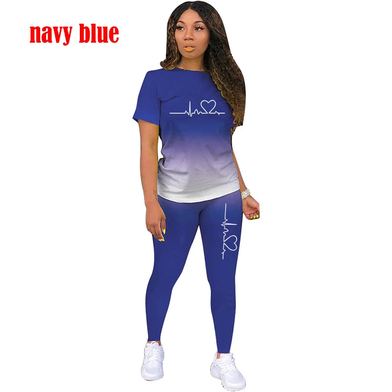 Two Piece Tracksuits Sets ECG Printed T Shirt Pants Sports Suit