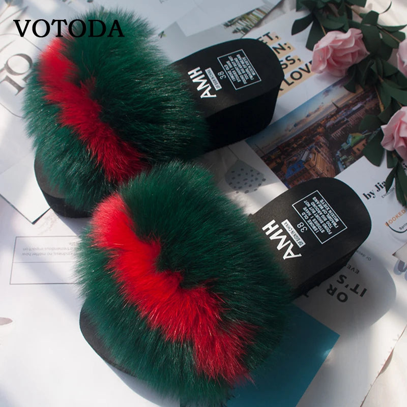 Wedge Slippers Women Flip Flops Furry Real Fox Fur Slides Platform Shoes