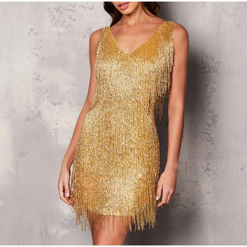 Sexy Tassel Sequins Feather Mini Dress Spaghetti Strap Elegant