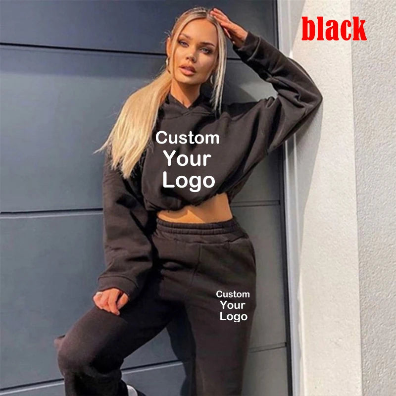 Hooded Tracksuit Set  Hoodies+Sweatpants Sexy Suit DIY Logo