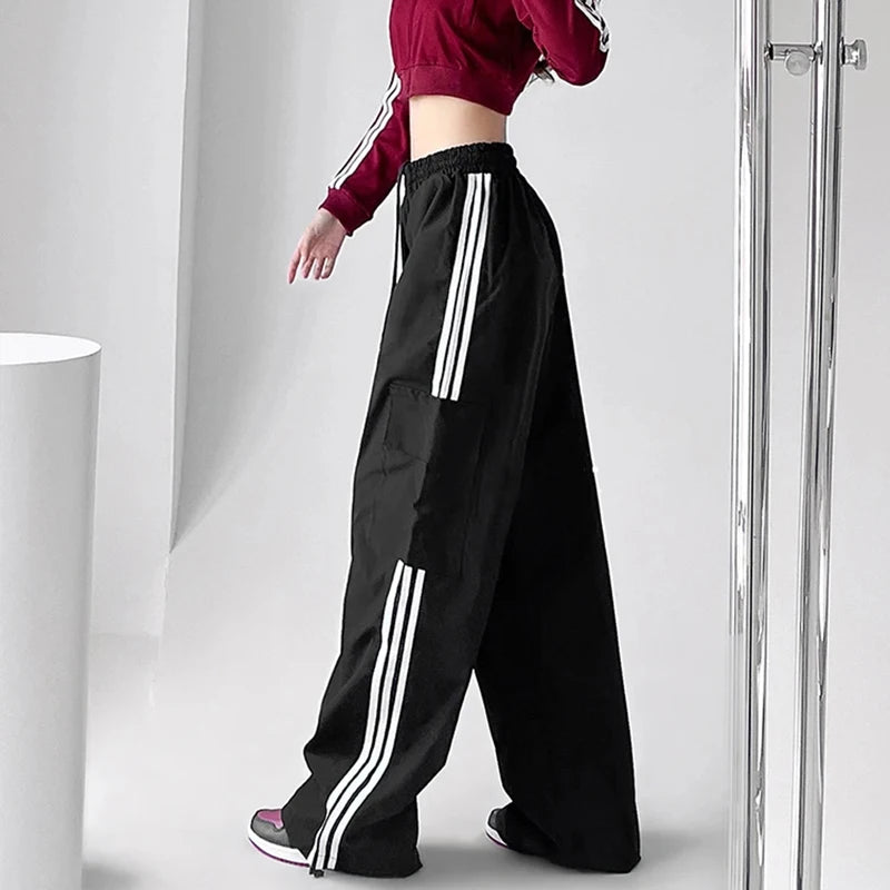 Striped Sweatpants Baggy Wide Leg Cargo Pants High Waist Drawstring