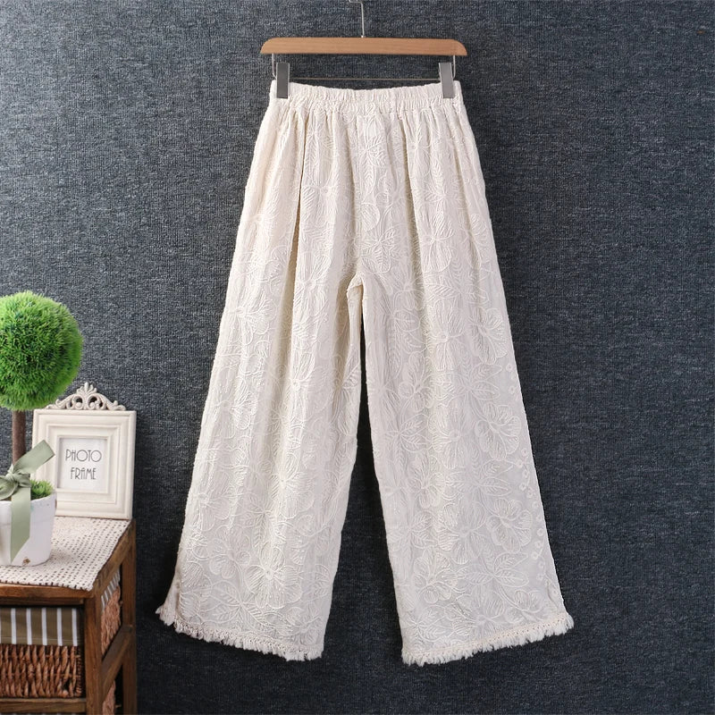 Embroidered Pants Elastic Waist Casual Wide Leg Pants